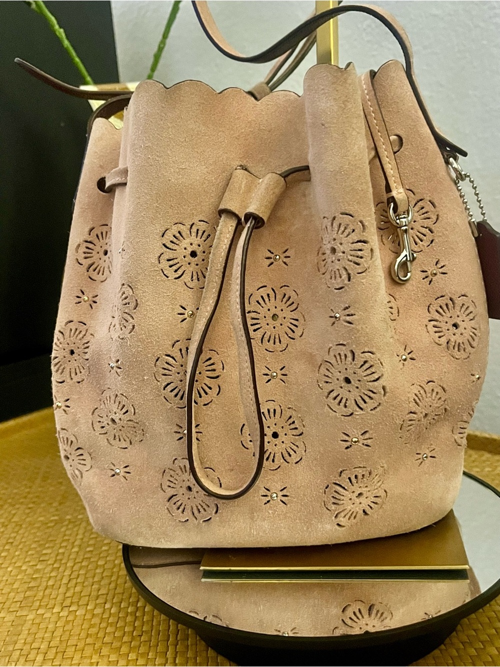 COACH L1792-25193 suede Bucket Bag with Cut Out Tea Rose in blush pink - Picture 12 of 12
